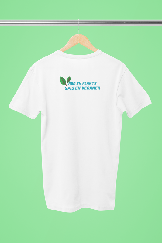 red en plante, spis en veganer hvid t-shirt