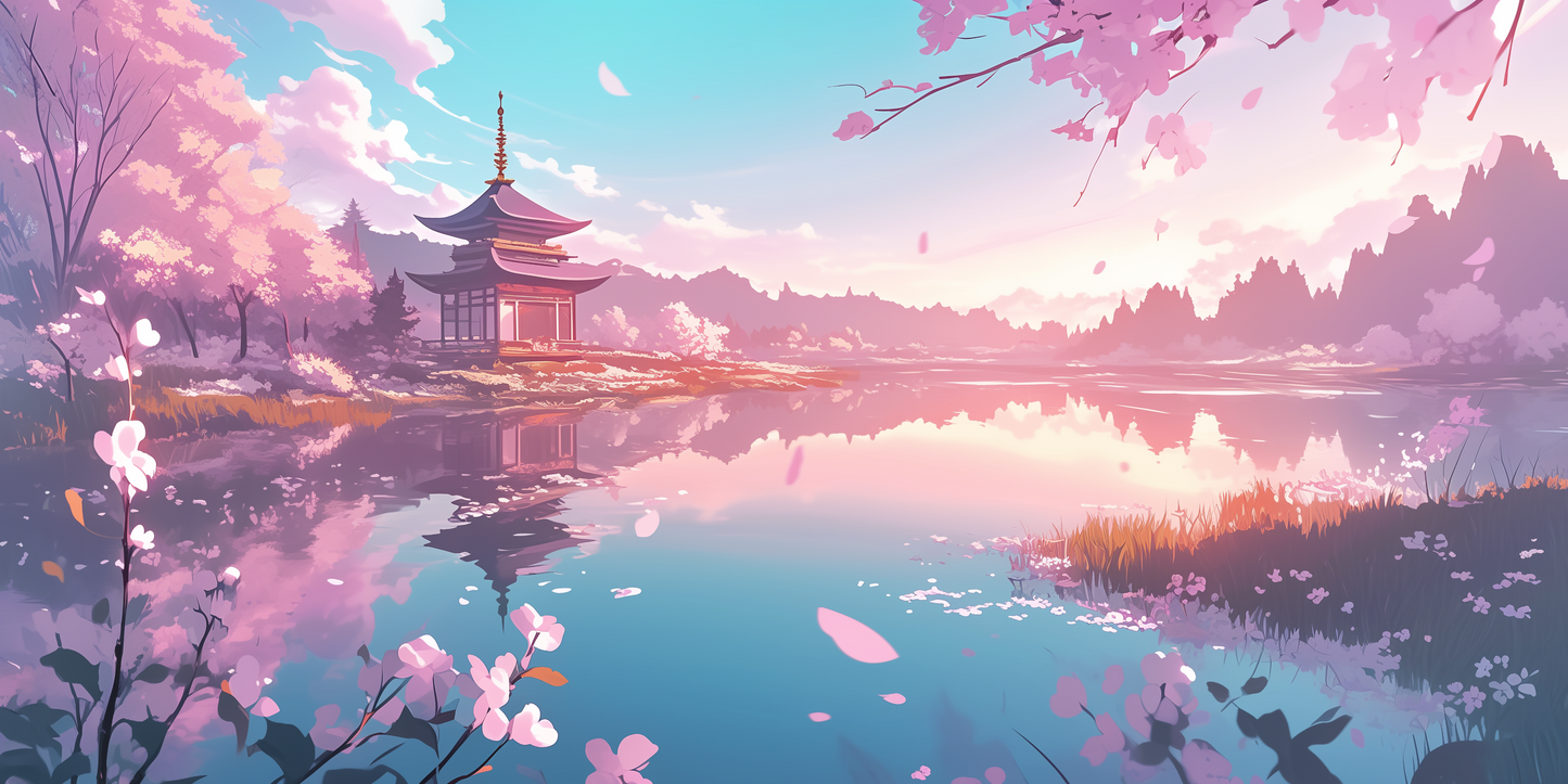 Japansk sø med tempel - T-shirt - Coolshirts.dk