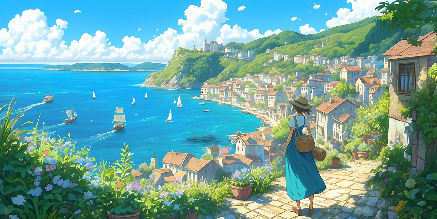 Anime kvinde kigger ud på havet - T-shirt - Coolshirts.dk