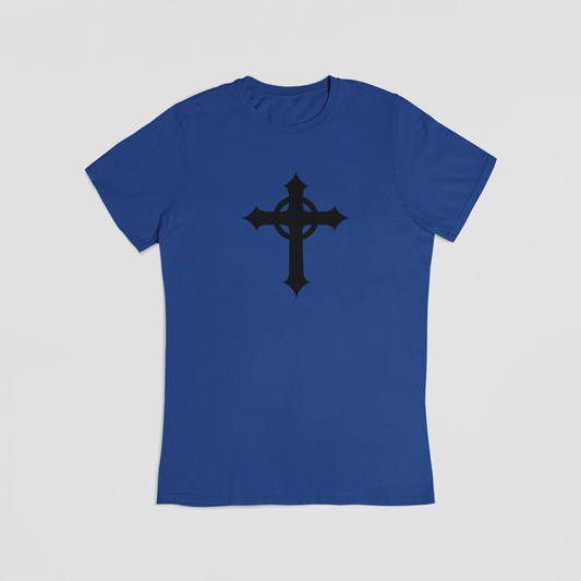 blå T-shirt med gotisk kors