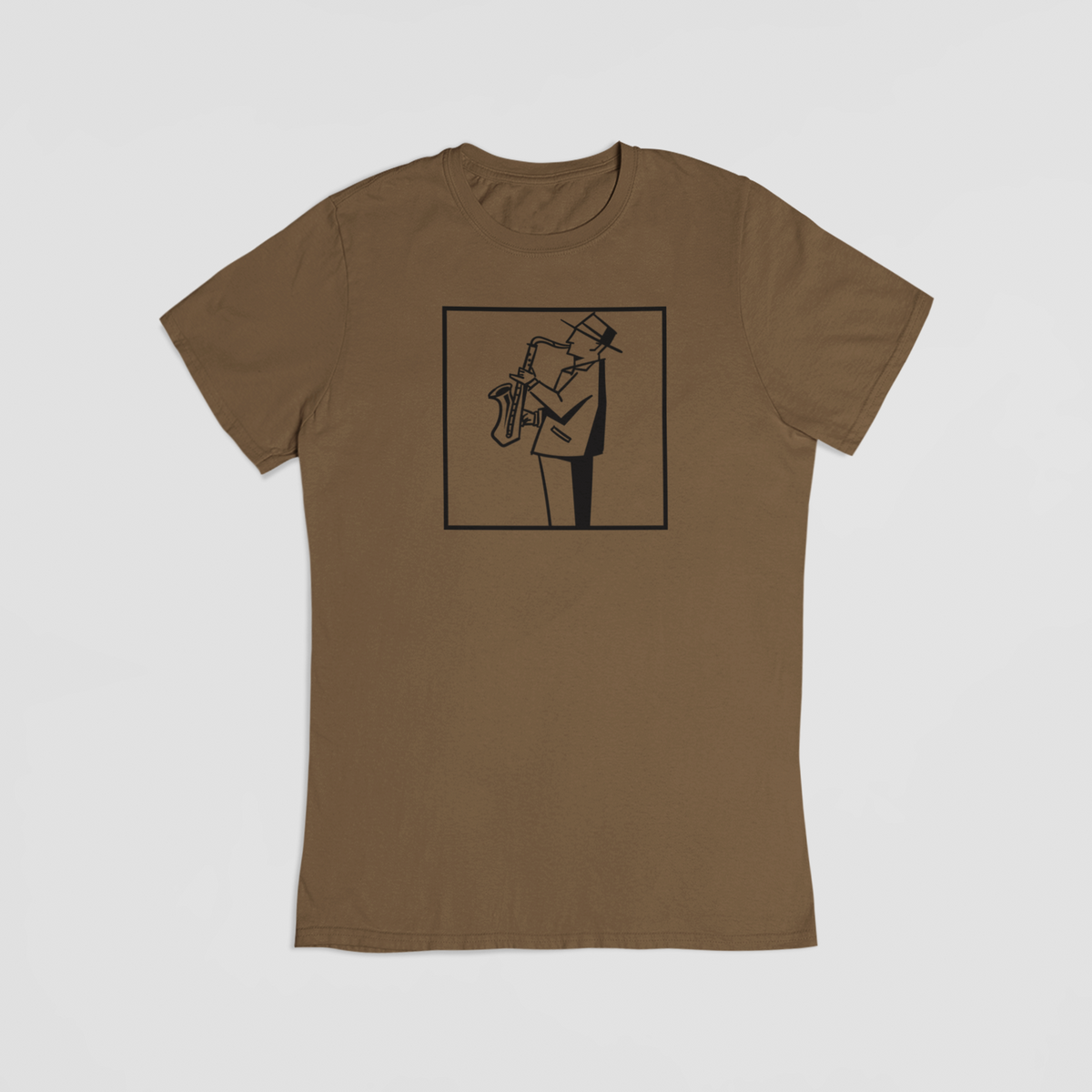 Man with a saxophone brun t-shirt