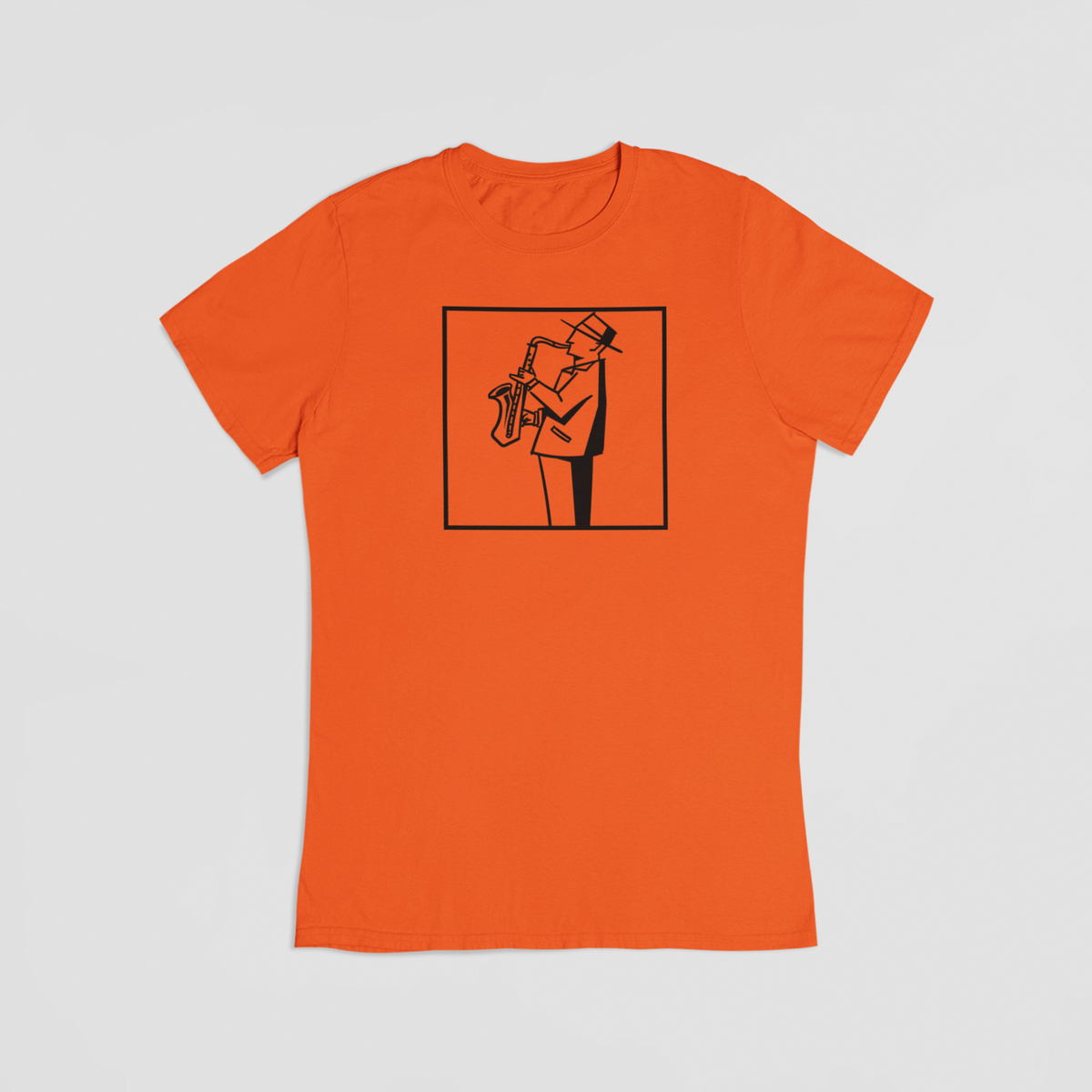 Man with a saxophone orange t-shirt