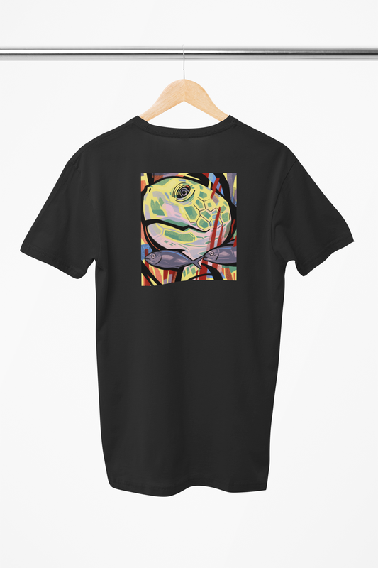 skildpadde t-shirt motiv, sort t-shirt, skildpadde trøje