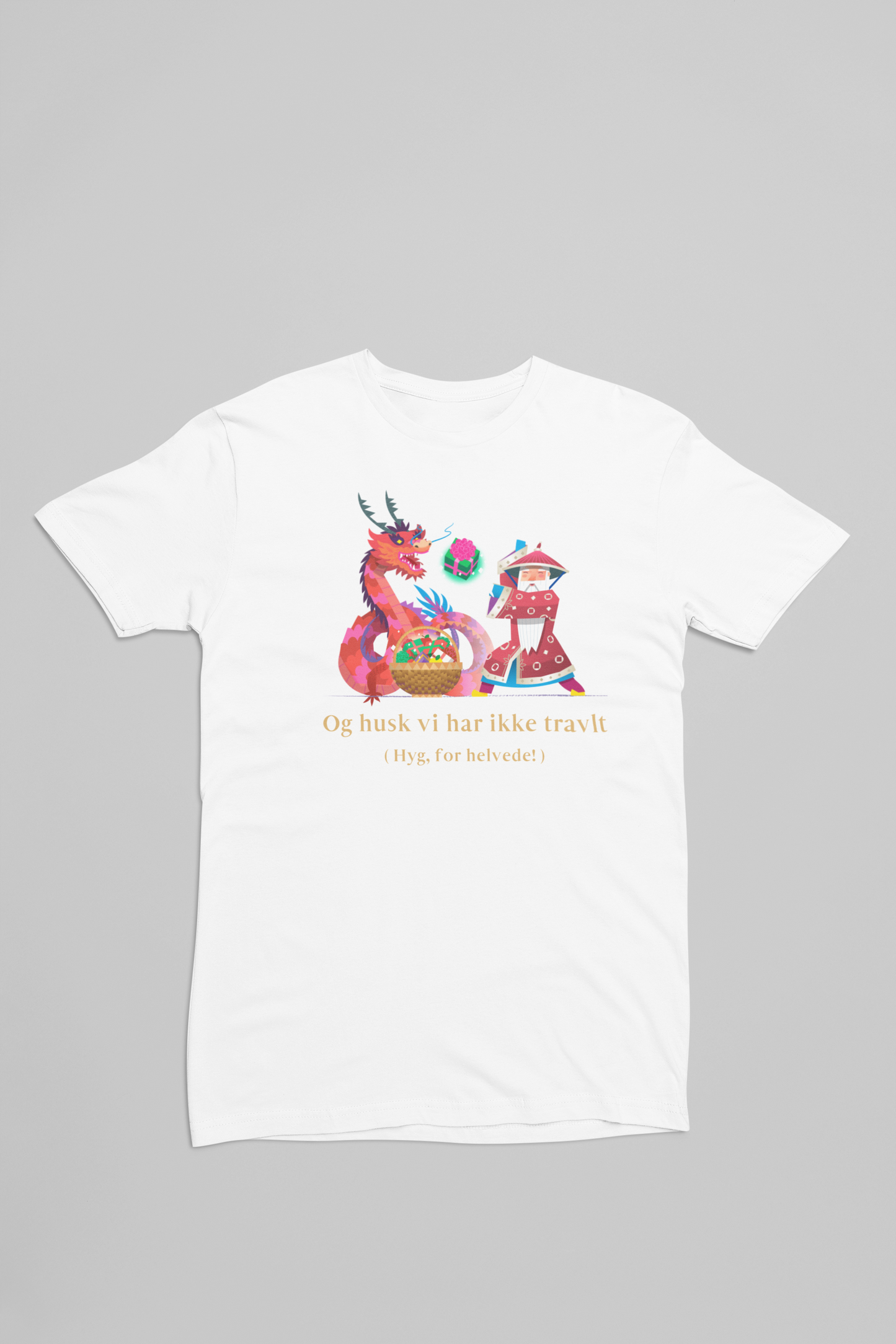 Hvid t-shirt med en drage og en julemand
