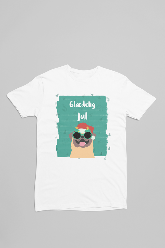 Hvid t-shirt med en Mops der siger glædelig jul 