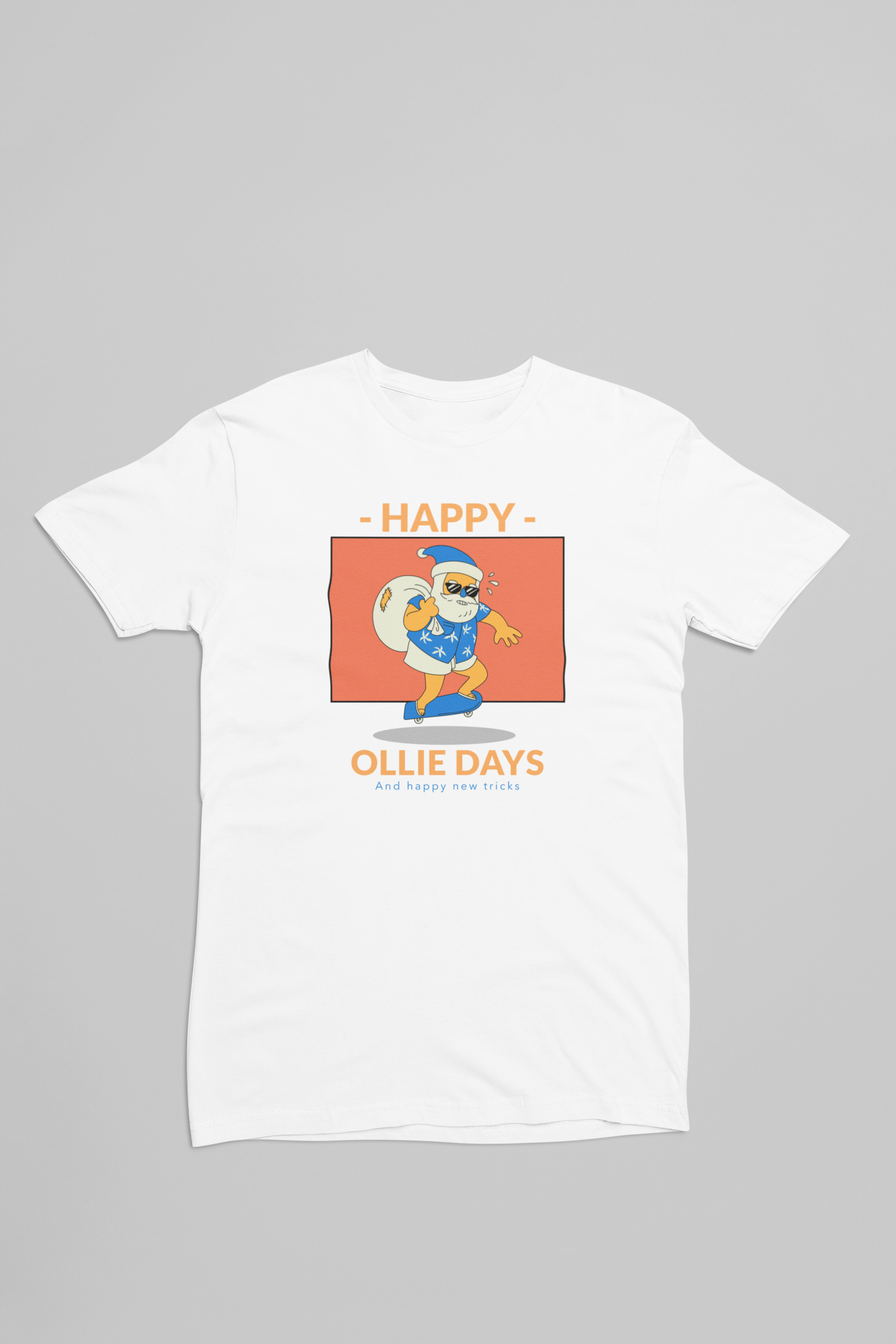 Hvid t-shirt med en julemand på skateboard