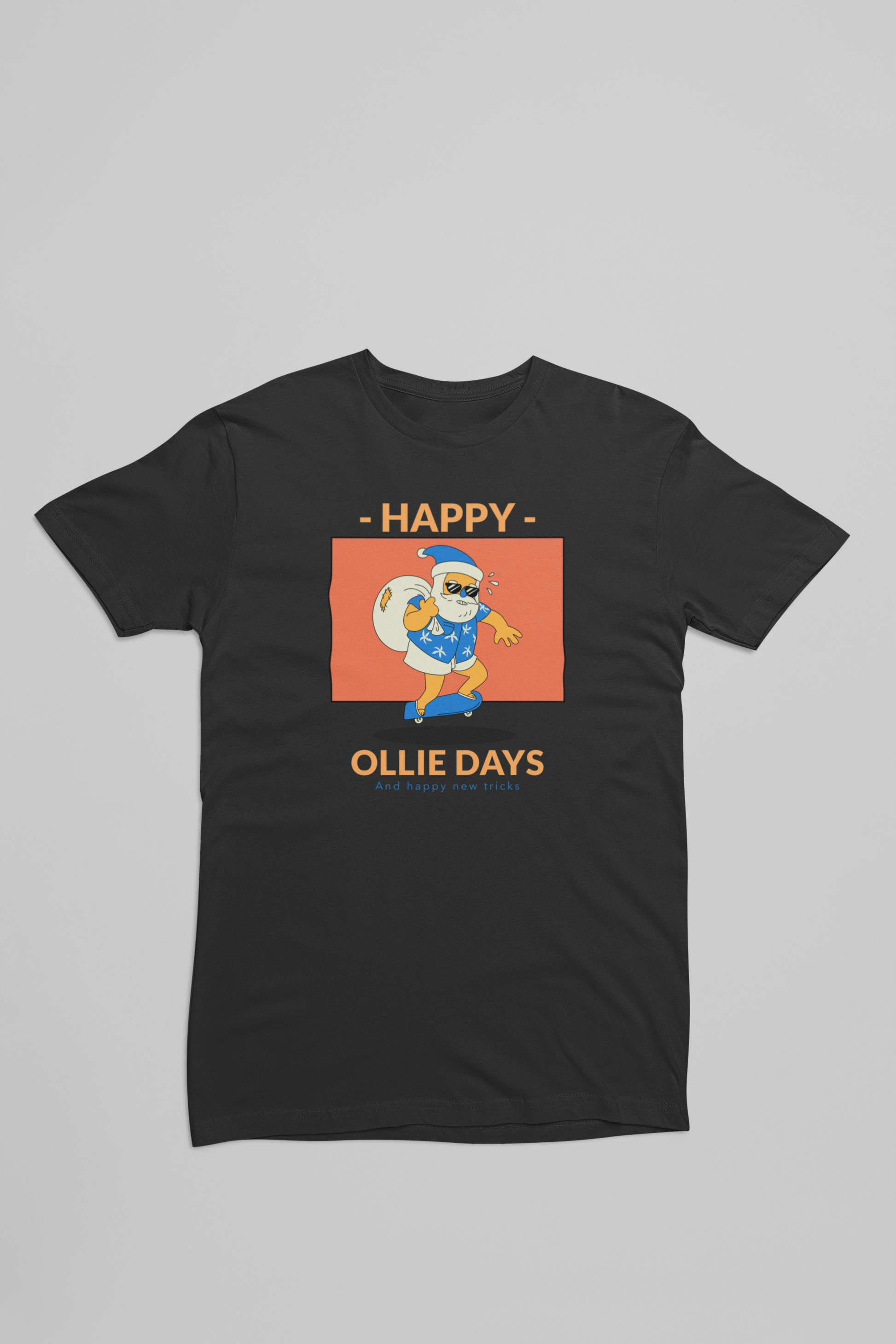 Sort t-shirt med en julemand på skateboard
