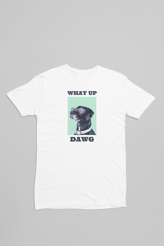 hvid t-shirt med Sjov hund med solbriller