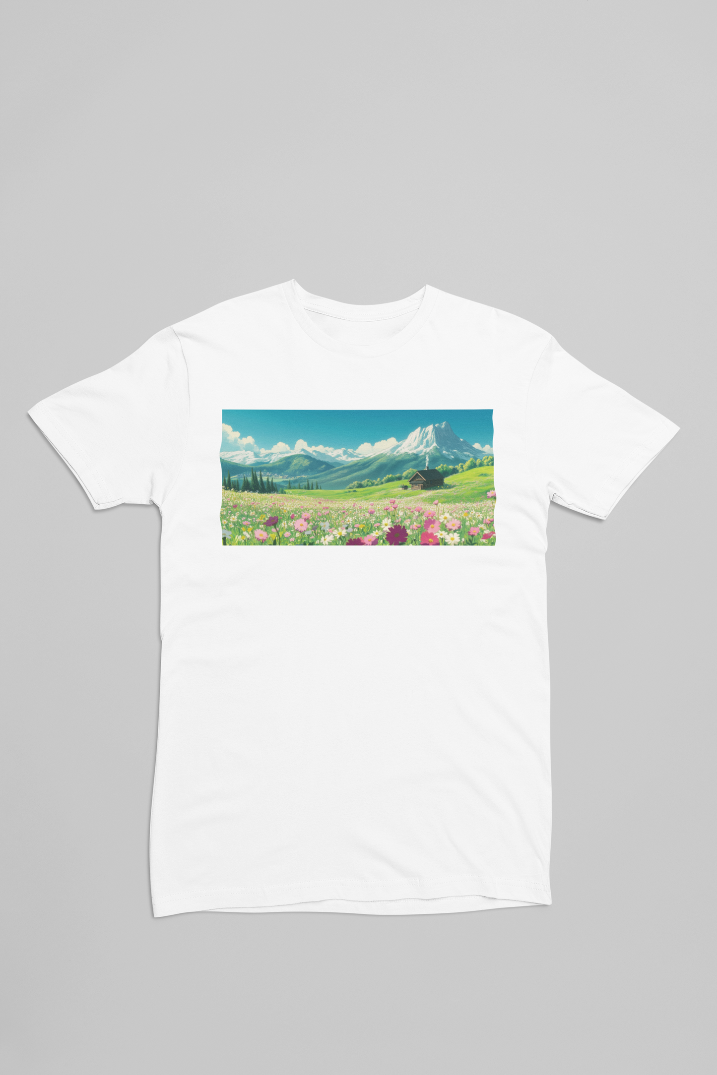 hvid t-shirt med et anime bjerglandskab
