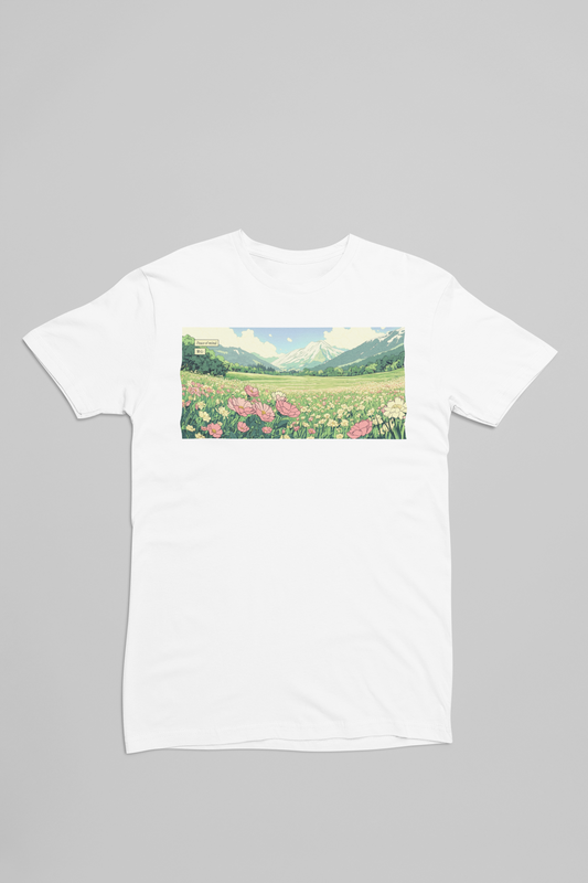 Anime Japansk blomster mark landskab hvid T-shirt