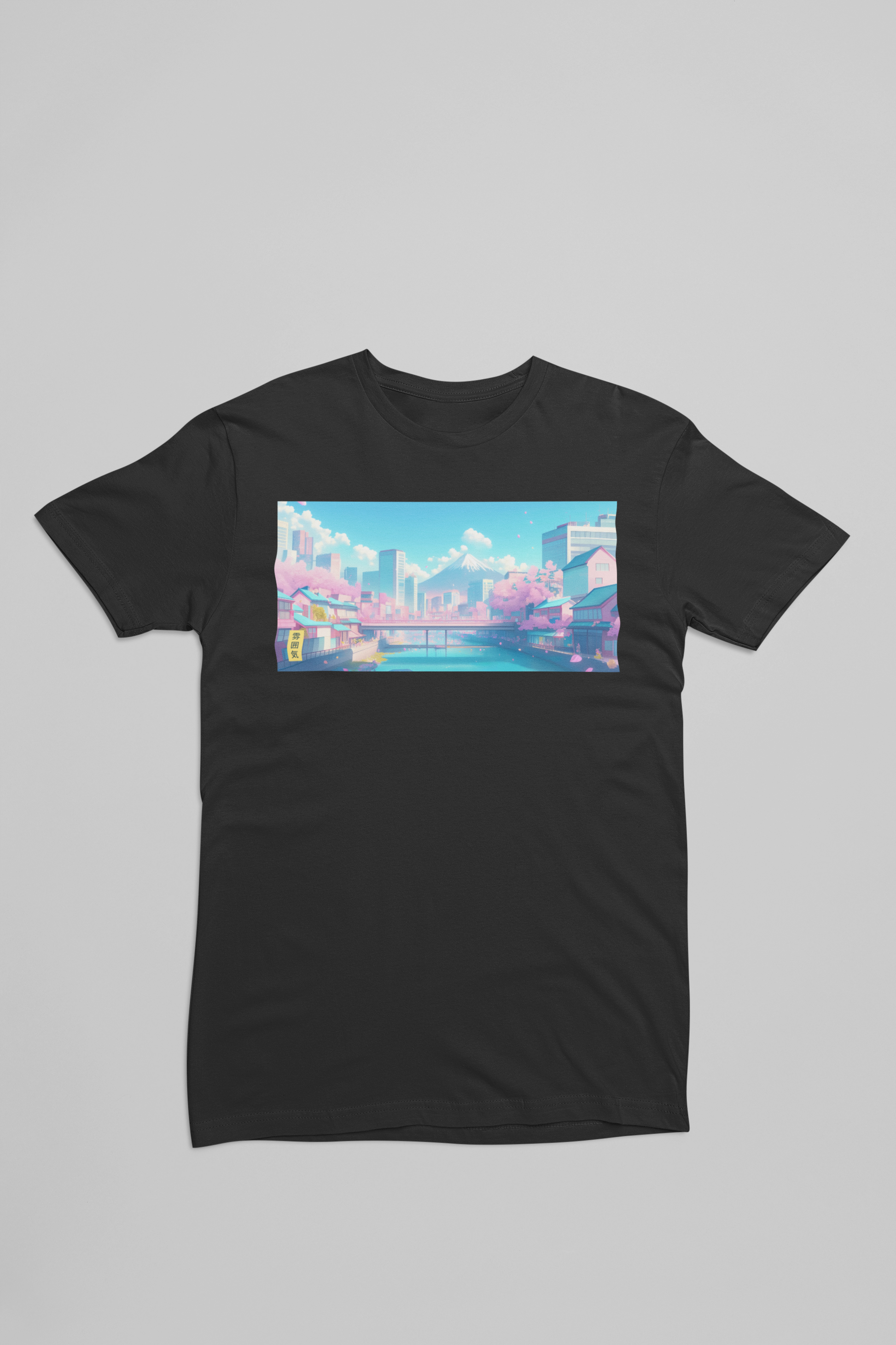 sort t-shirt med en anime Japansk Inspireret storby