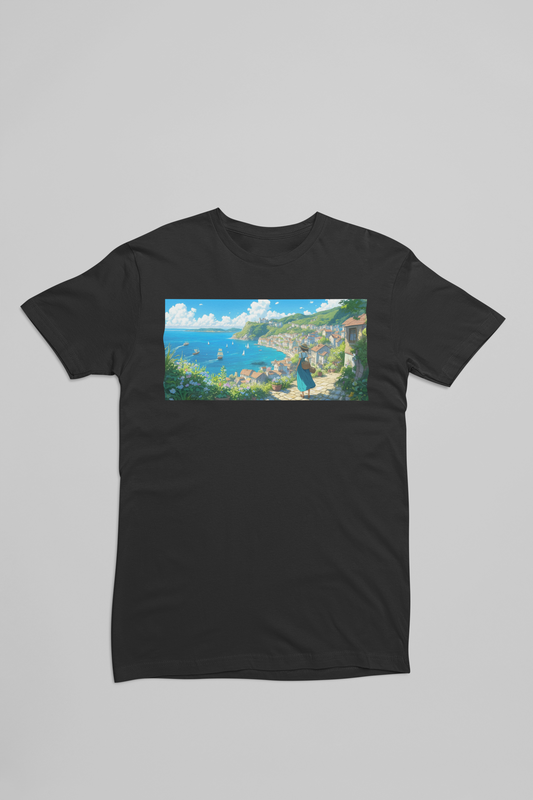 Anime kvinde kigger ud på havet sort T-shirt