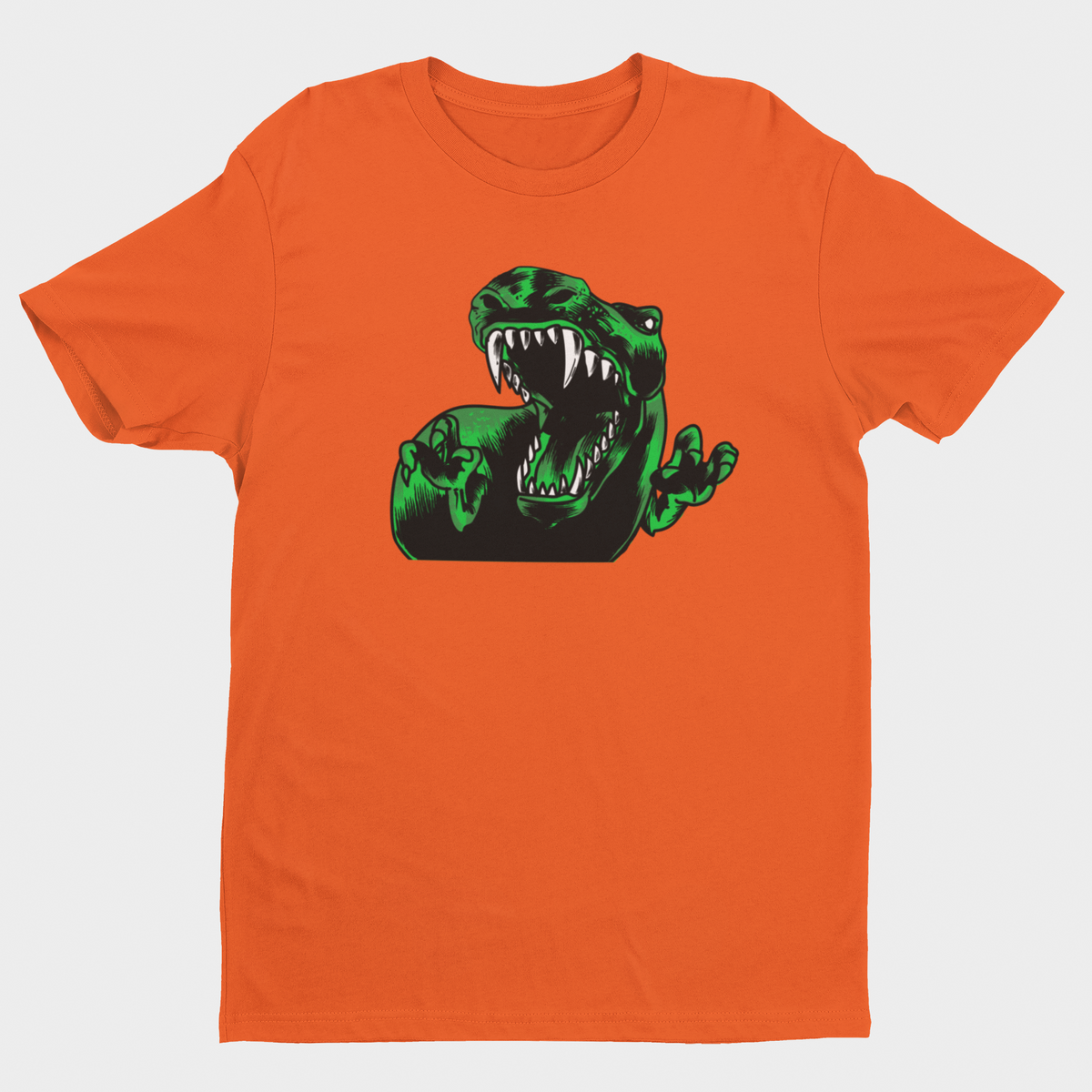 T-Rex T-shirt orange – Skræmmende Dinosaur med Blottede Tænder