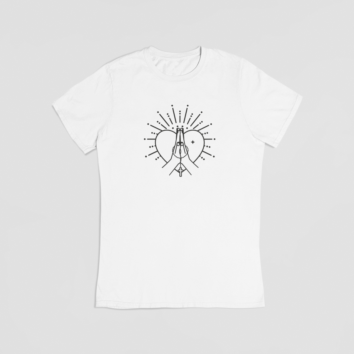 T-shirt med hjerte, bedende hænder og kors